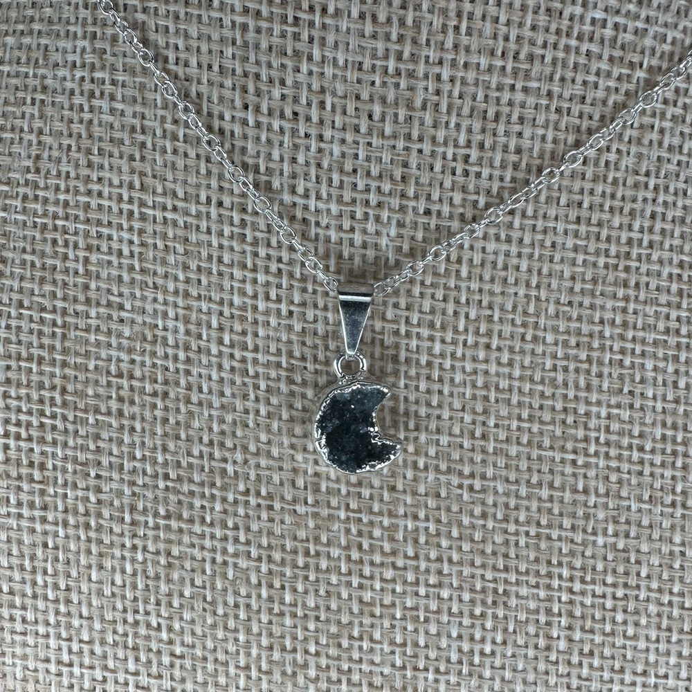 Black/Dark Purple Druzy Amethyst Crescent Moon Pendant on Chain - Picture 5 of 13